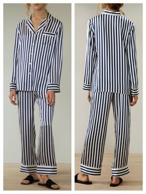 LILYSILK Amalfi Silk Striped Pajama Set NWT XS Blue White MSRP $259